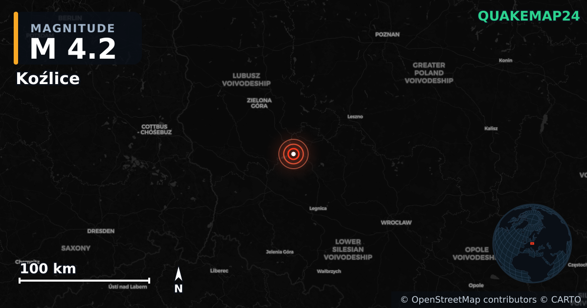 M4.2 earthquake near Koźlice on Aug 12, 2026 — map of epicenter and shaking intensity | QuakeMap24