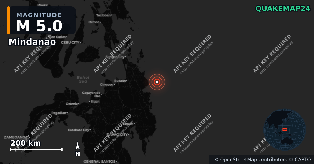M5.0 earthquake near Mindanao on Apr 29, 2026 — map of epicenter and shaking intensity | QuakeMap24