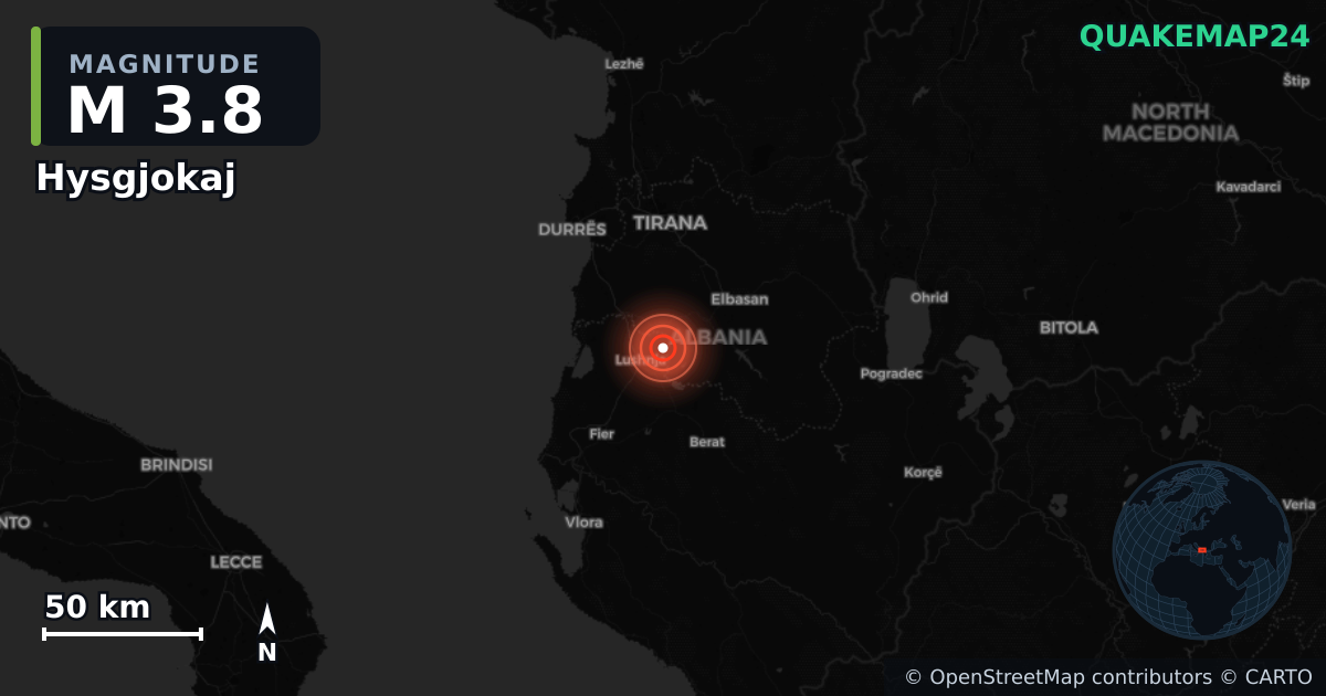 M3.8 earthquake near Hysgjokaj on Aug 19, 2026 — map of epicenter and shaking intensity | QuakeMap24