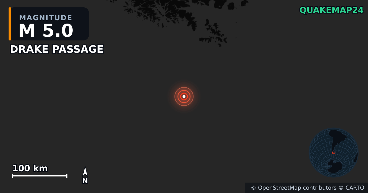 DRAKE PASSAGE yakınında M5,0 deprem — Deprem merkez üssünün konumunu gösteren harita