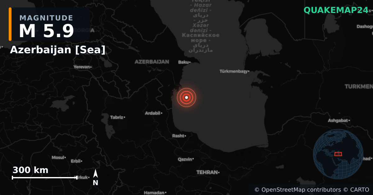 M5.9 earthquake near Azerbaijan [Sea] on Apr 8, 2026 — map of epicenter and shaking intensity | QuakeMap24