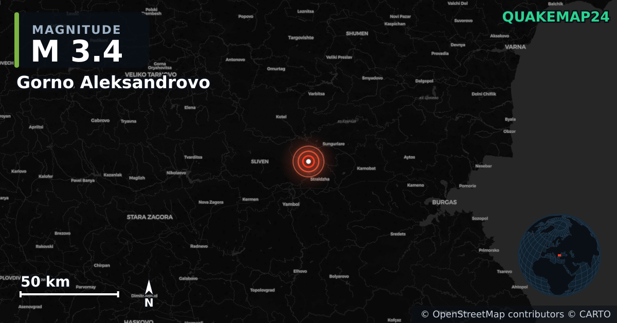 M3.4 earthquake near Gorno Aleksandrovo on Jan 21, 2026 — map of epicenter and shaking intensity | QuakeMap24