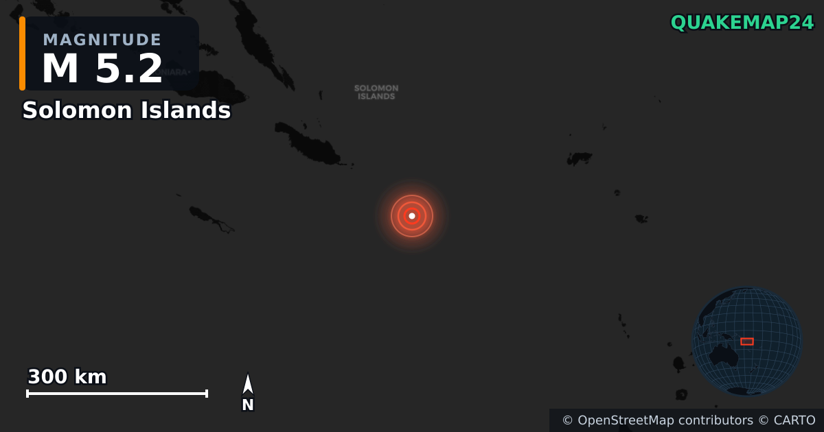 M5.2 earthquake near Solomon Islands on Dec 16, 2025 — map of epicenter and shaking intensity | QuakeMap24