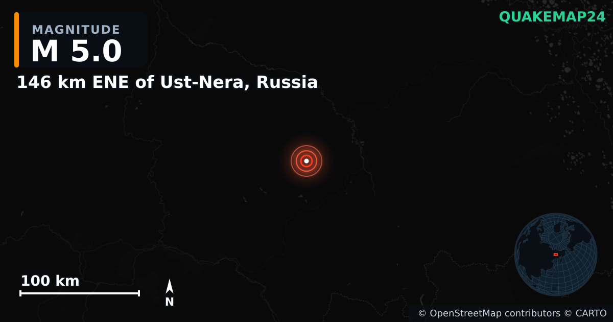 146 km ENE of Ust-Nera, Russia yakınında M5,0 deprem — Deprem merkez üssünün konumunu gösteren harita