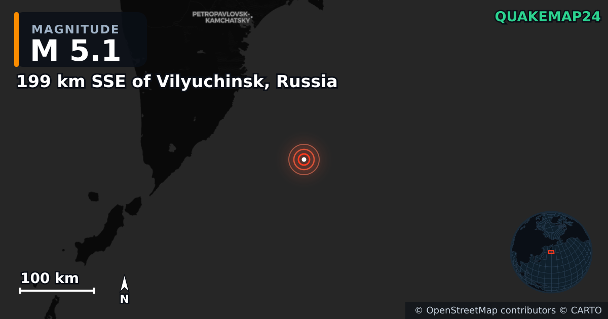 199 km SSE of Vilyuchinsk, Russia yakınında M5,1 deprem · 2026-10-02 — Deprem merkez üssünün konumunu gösteren harita