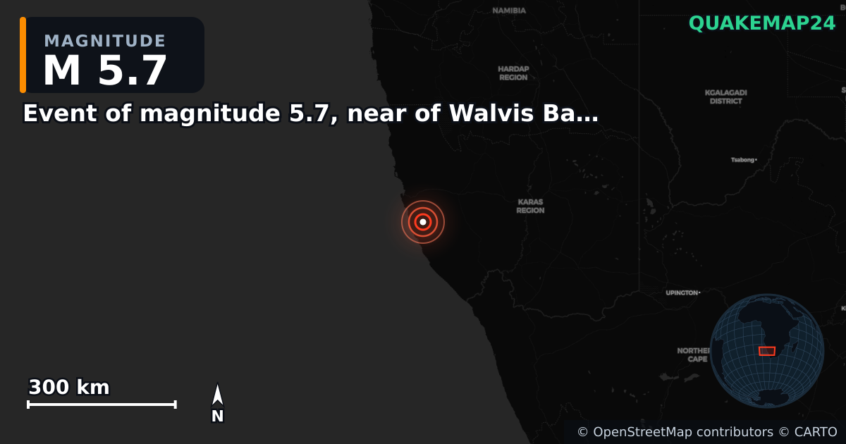 Σεισμός M5,7 κοντά στο Event of magnitude 5.7, near of Walvis Bay (Monde) — Χάρτης της θέσης του επικέντρου