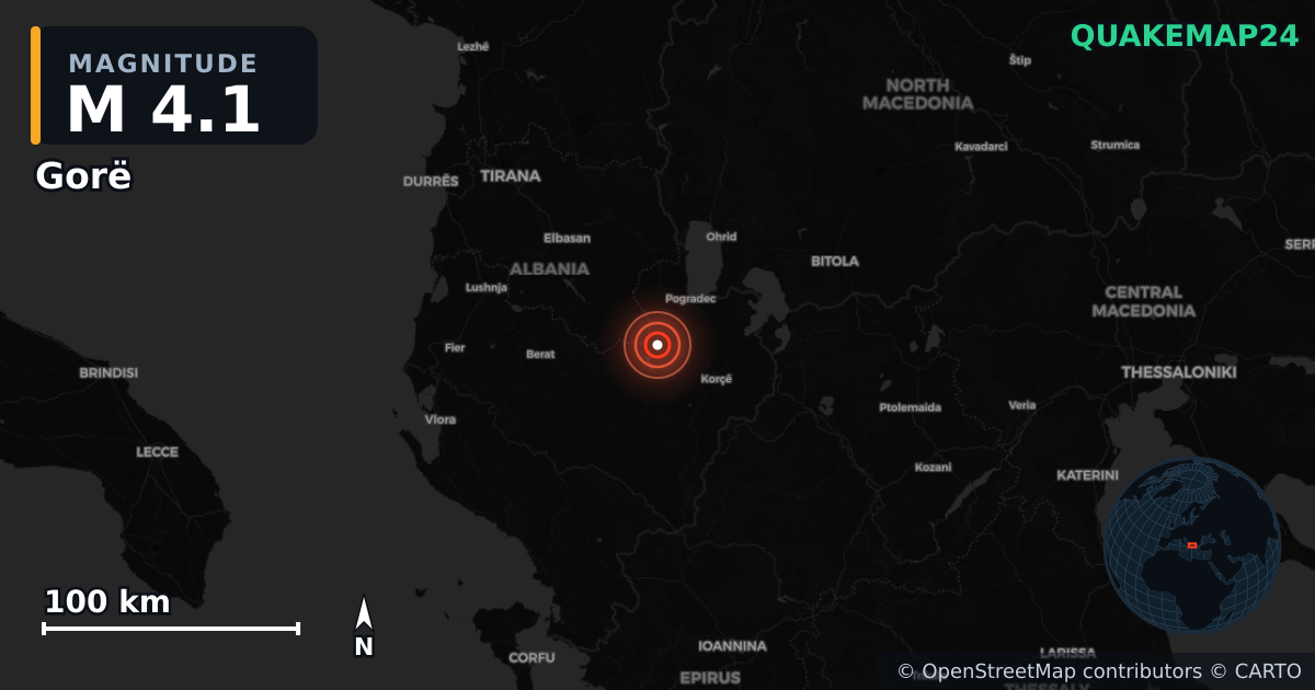 M4.1 earthquake near Gorë on Jan 16, 2026 — map of epicenter and shaking intensity | QuakeMap24