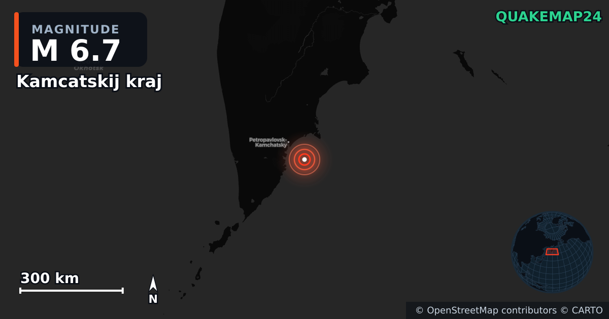 M6.7 earthquake near Kamcatskij kraj on Jul 30, 2025 — map of epicenter and shaking intensity | QuakeMap24