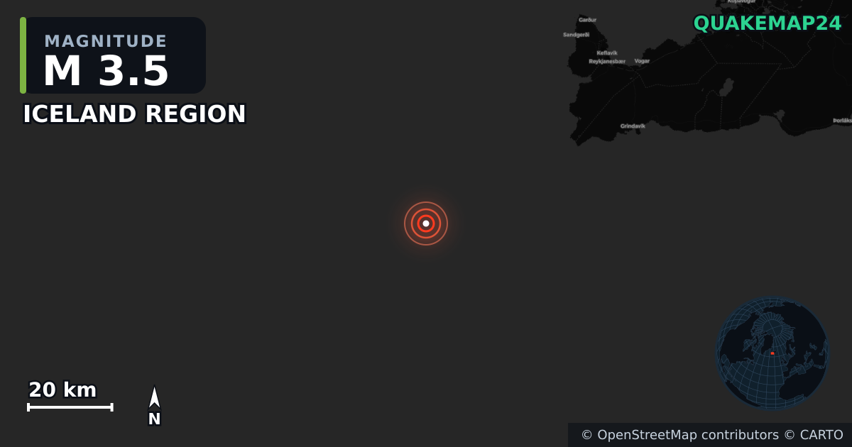 M3.5 earthquake near ICELAND REGION on Mar 23, 2026 — map of epicenter and shaking intensity | QuakeMap24