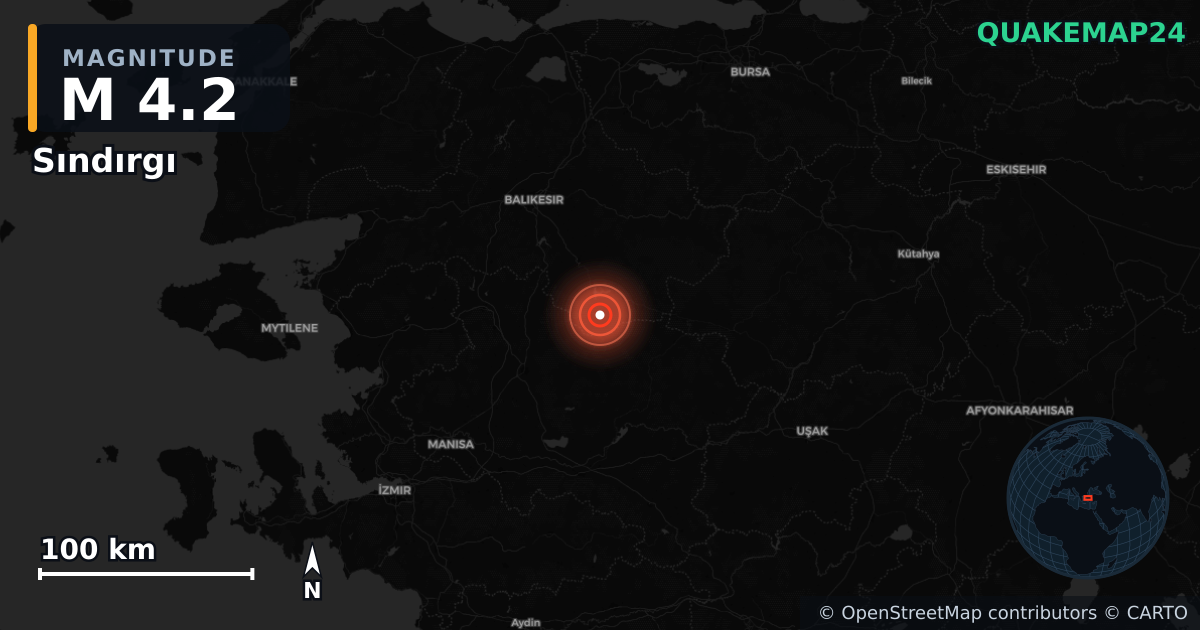 M4.2 earthquake near Sındırgı on Jan 24, 2026 — map of epicenter and shaking intensity | QuakeMap24