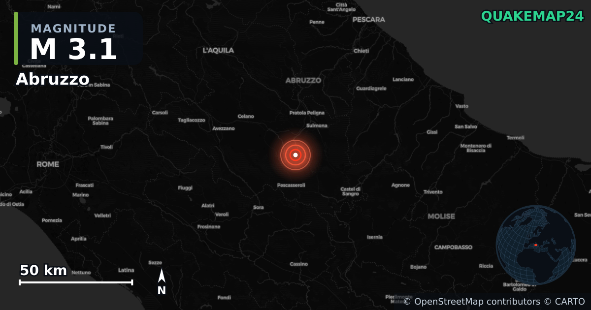 M3.1 earthquake near Abruzzo on Aug 6, 2025 — map of epicenter and shaking intensity | QuakeMap24