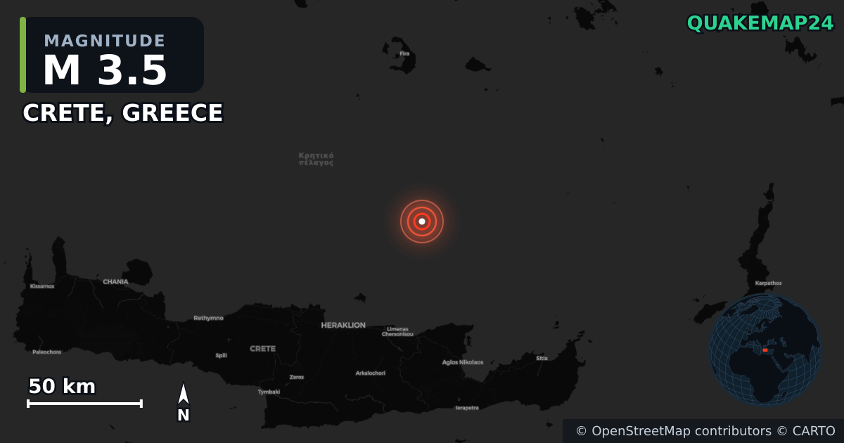 M3.5 earthquake near CRETE, GREECE on Jul 15, 2025 — map of epicenter and shaking intensity | QuakeMap24