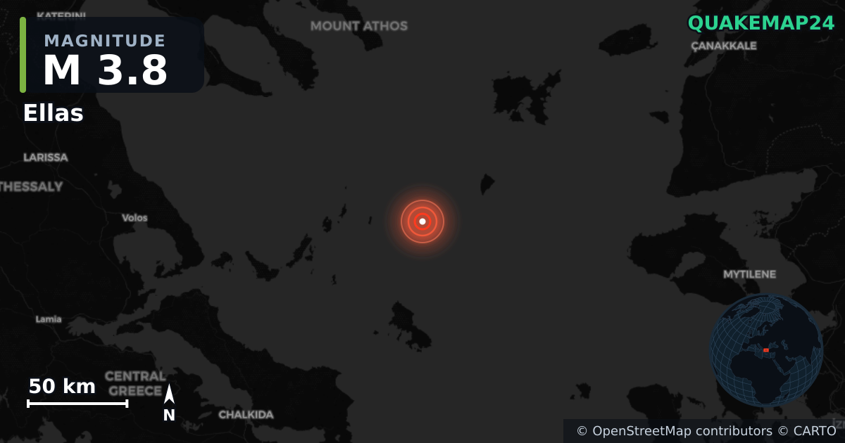 M3.8 earthquake near Ellas on Sep 21, 2025 — map of epicenter and shaking intensity | QuakeMap24