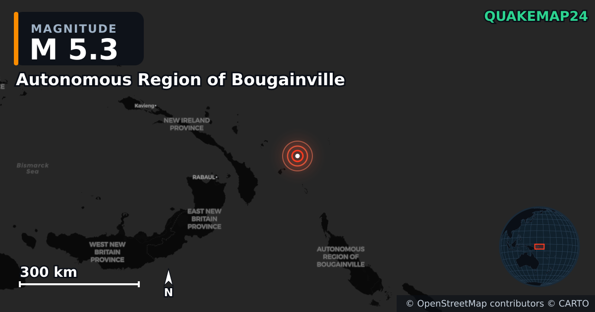 M5.3 earthquake near Autonomous Region of Bougainville on Oct 14, 2025 — map of epicenter and shaking intensity | QuakeMap24