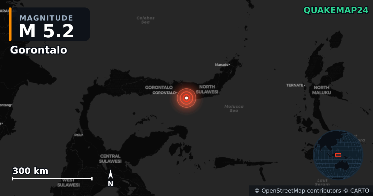 M5.2 earthquake near Gorontalo on Aug 12, 2025 — map of epicenter and shaking intensity | QuakeMap24