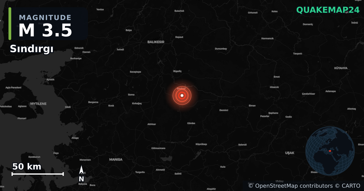 M3.5 earthquake near Sındırgı on Sep 16, 2025 — map of epicenter and shaking intensity | QuakeMap24