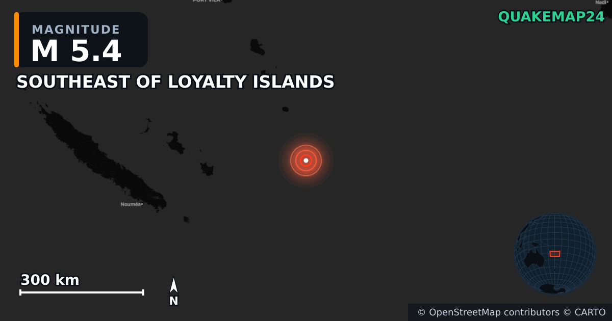 M5.4 earthquake near SOUTHEAST OF LOYALTY ISLANDS on Apr 15, 2026 — map of epicenter and shaking intensity | QuakeMap24