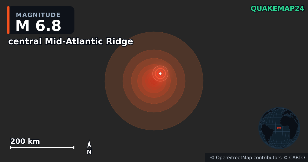 Terremoto de M6,8 cerca de central Mid-Atlantic Ridge · 2026-10-13 — Mapa de la ubicación del epicentro