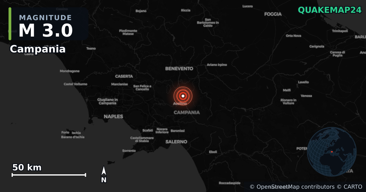 M3.0 earthquake near Campania on Dec 8, 2025 — map of epicenter and shaking intensity | QuakeMap24