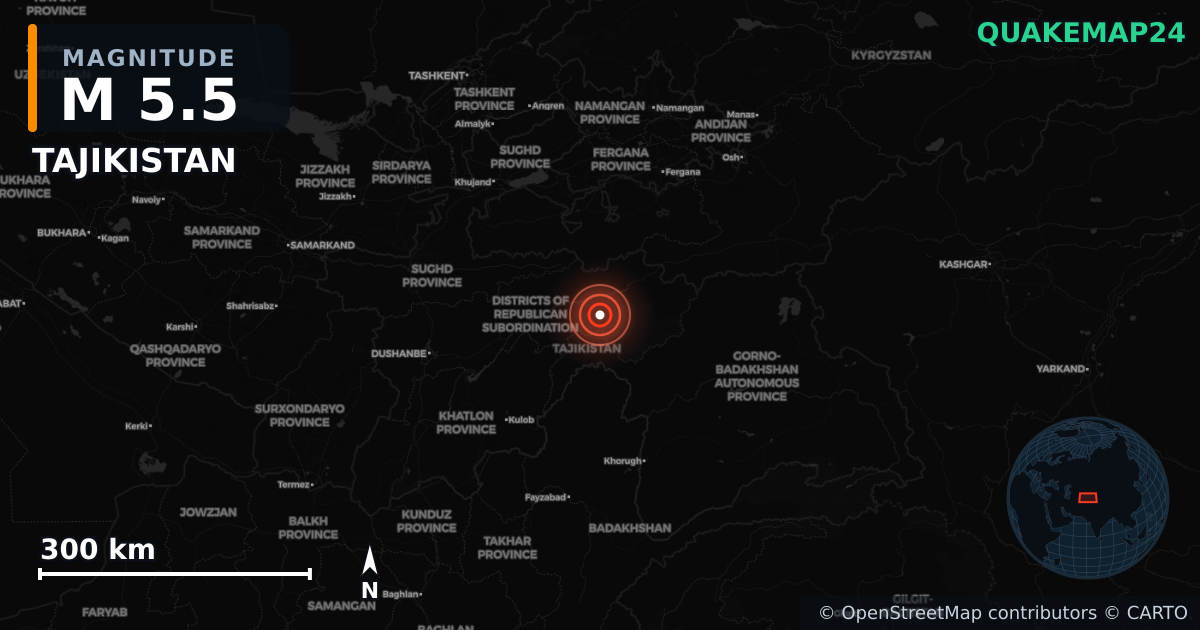 M5.5 earthquake near TAJIKISTAN on Apr 3, 2026 — map of epicenter and shaking intensity | QuakeMap24