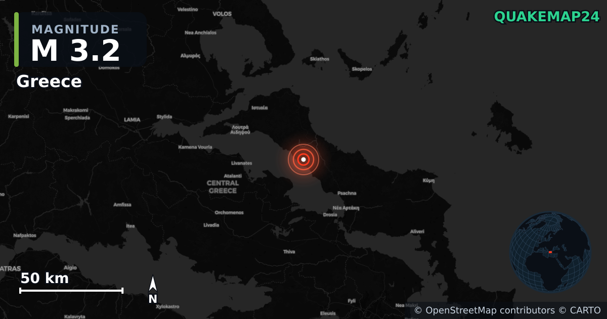 M3.2 earthquake near Greece on Jun 8, 2026 — map of epicenter and shaking intensity | QuakeMap24