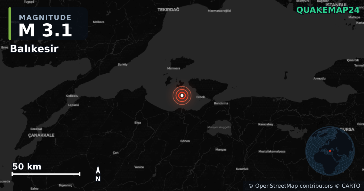 M3.1 earthquake near Balıkesir on Sep 26, 2025 — map of epicenter and shaking intensity | QuakeMap24