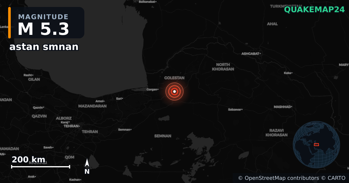 M5.3 earthquake near astan smnan on Jul 19, 2025 — map of epicenter and shaking intensity | QuakeMap24