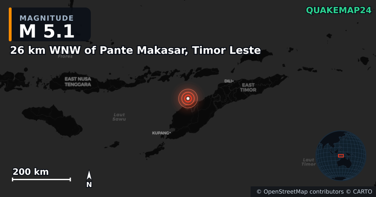 M5.1 earthquake near 26 km WNW of Pante Makasar, Timor Leste on Mar 17, 2025 — map of epicenter and shaking intensity | QuakeMap24