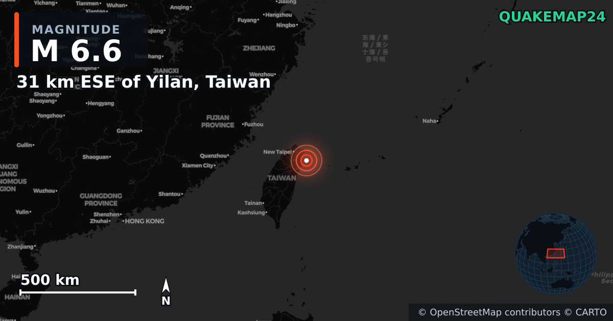 M6.6 earthquake near 31 km ESE of Yilan, Taiwan on Dec 27, 2025 — map of epicenter and shaking intensity | QuakeMap24