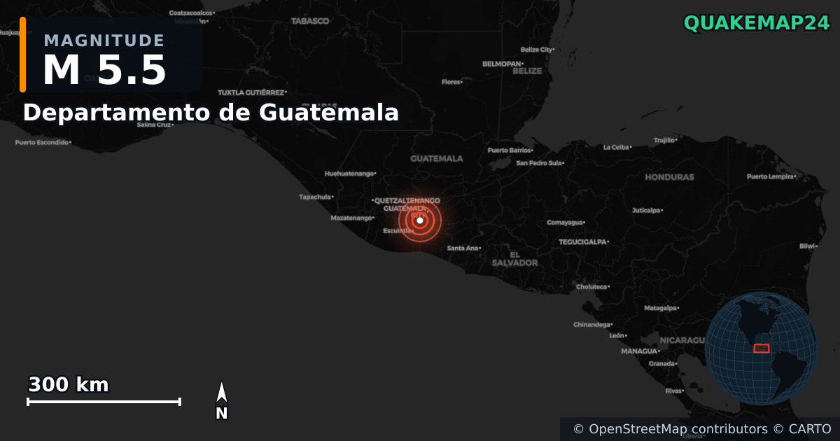 M5.5 earthquake near Departamento de Guatemala on Jul 8, 2025 — map of epicenter and shaking intensity | QuakeMap24