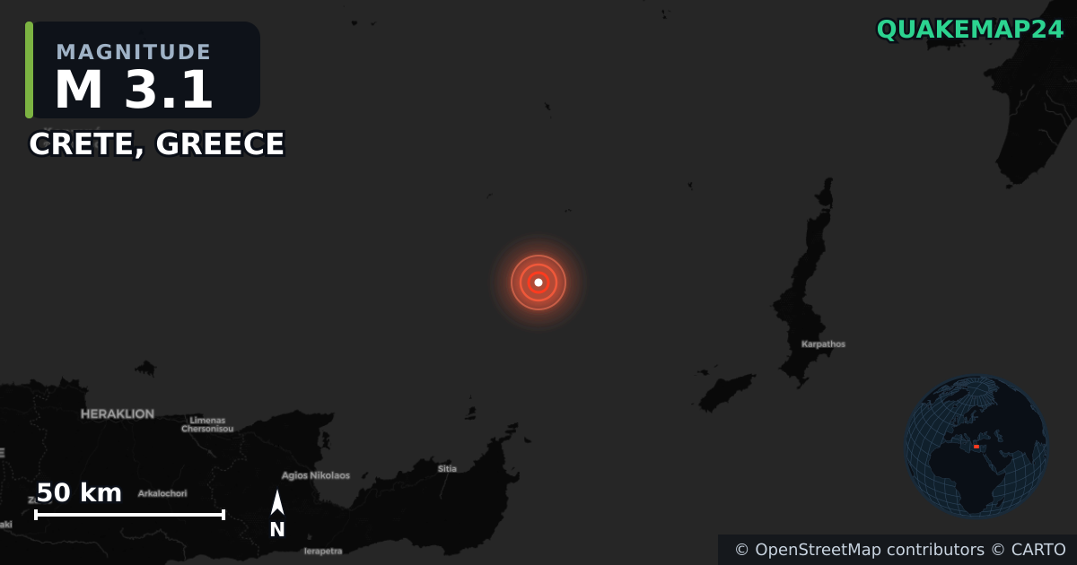 M3.1 earthquake near CRETE, GREECE on Jun 29, 2025 — map of epicenter and shaking intensity | QuakeMap24