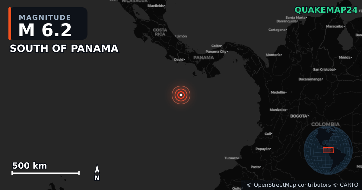 M6.2 earthquake near SOUTH OF PANAMA on Jul 14, 2025 — map of epicenter and shaking intensity | QuakeMap24