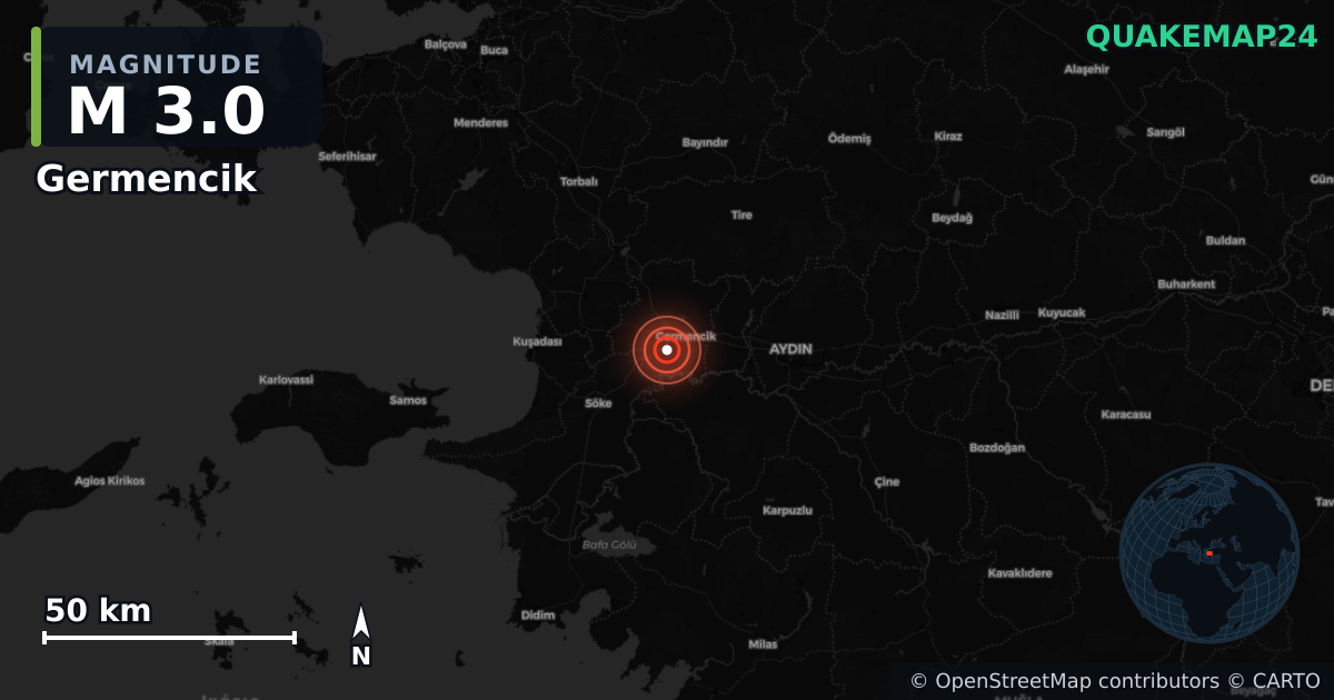 M3.0 earthquake near Germencik on Sep 30, 2025 — map of epicenter and shaking intensity | QuakeMap24