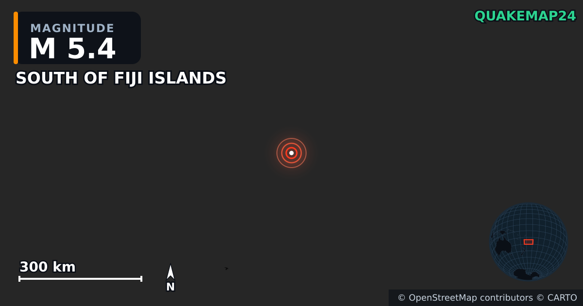 M5.4 earthquake near SOUTH OF FIJI ISLANDS on Jul 2, 2025 — map of epicenter and shaking intensity | QuakeMap24