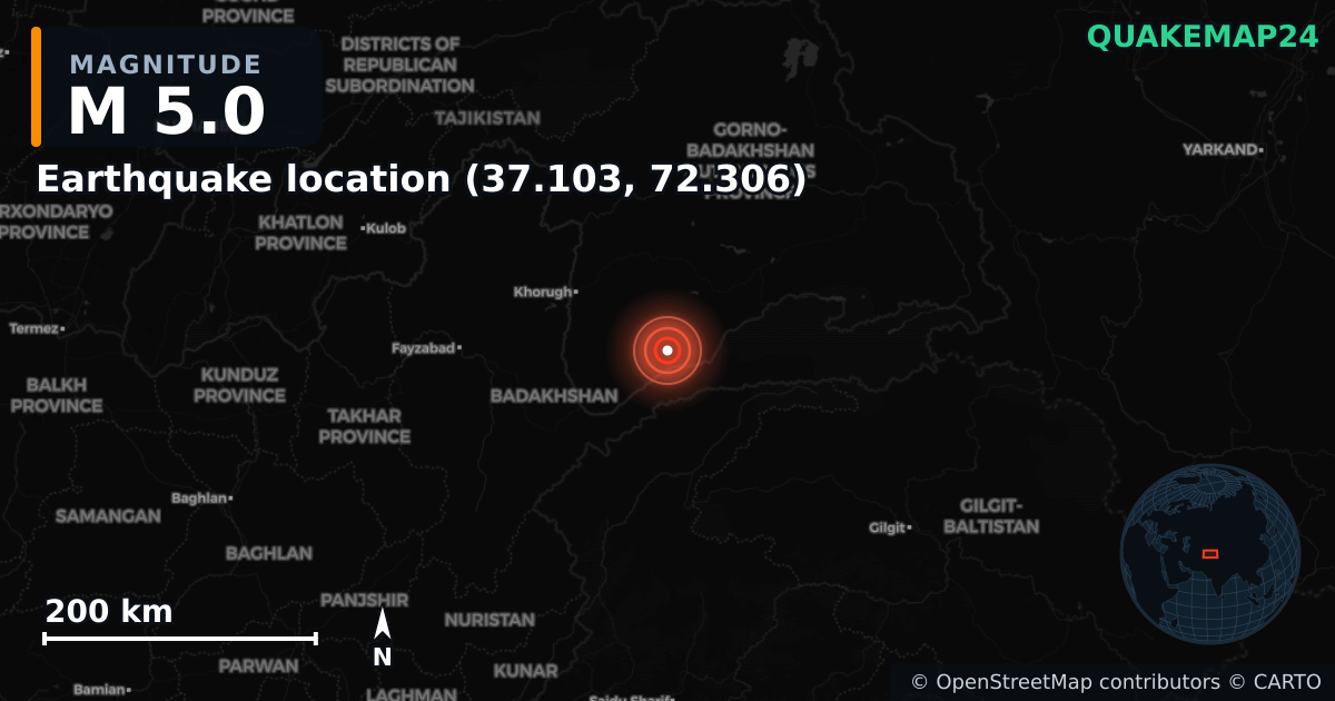 M5.0 earthquake near Lieu du séisme (37.103, 72.306) on Apr 27, 2026 — map of epicenter and shaking intensity | QuakeMap24