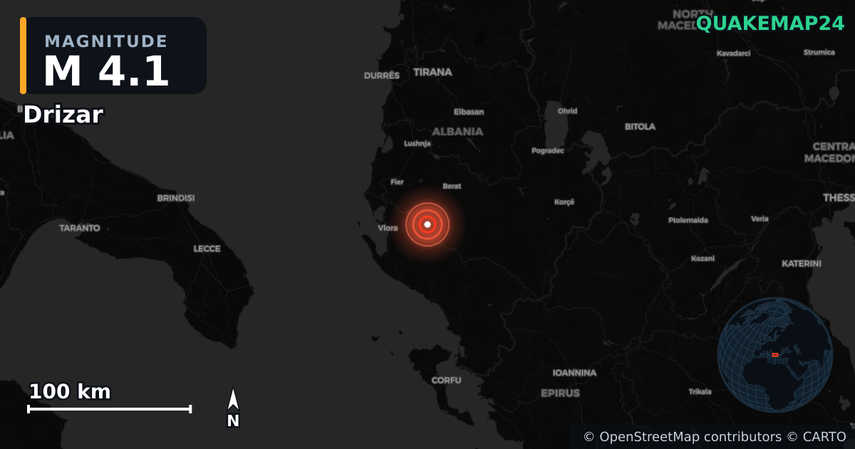 M4.1 earthquake near Drizar on Oct 19, 2025 — map of epicenter and shaking intensity | QuakeMap24