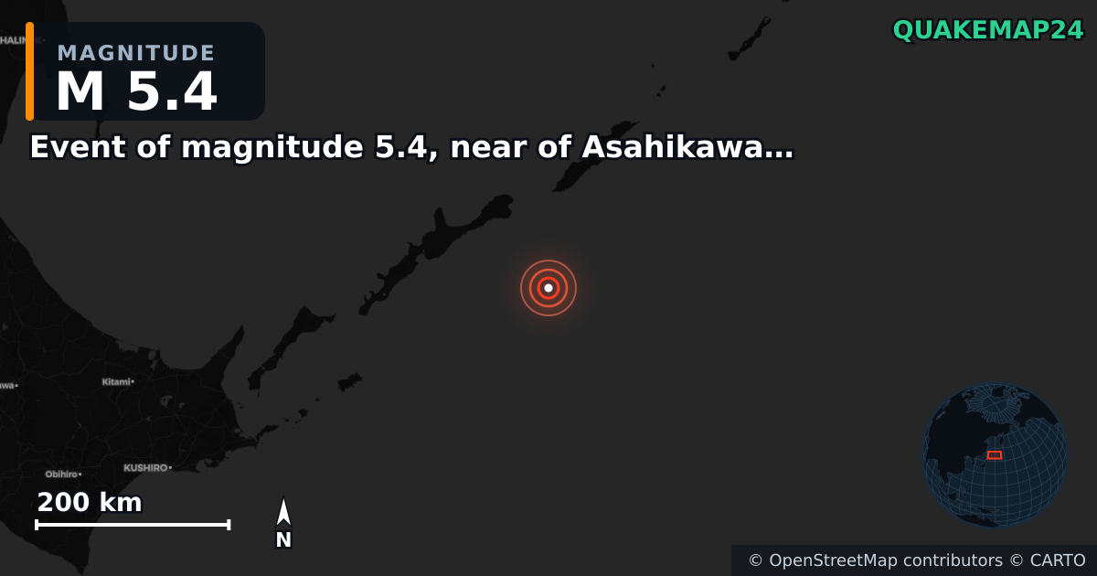 M5.4 earthquake near Event of magnitude 5.4, near of Asahikawa (Monde) on Jan 13, 2026 — map of epicenter and shaking intensity | QuakeMap24