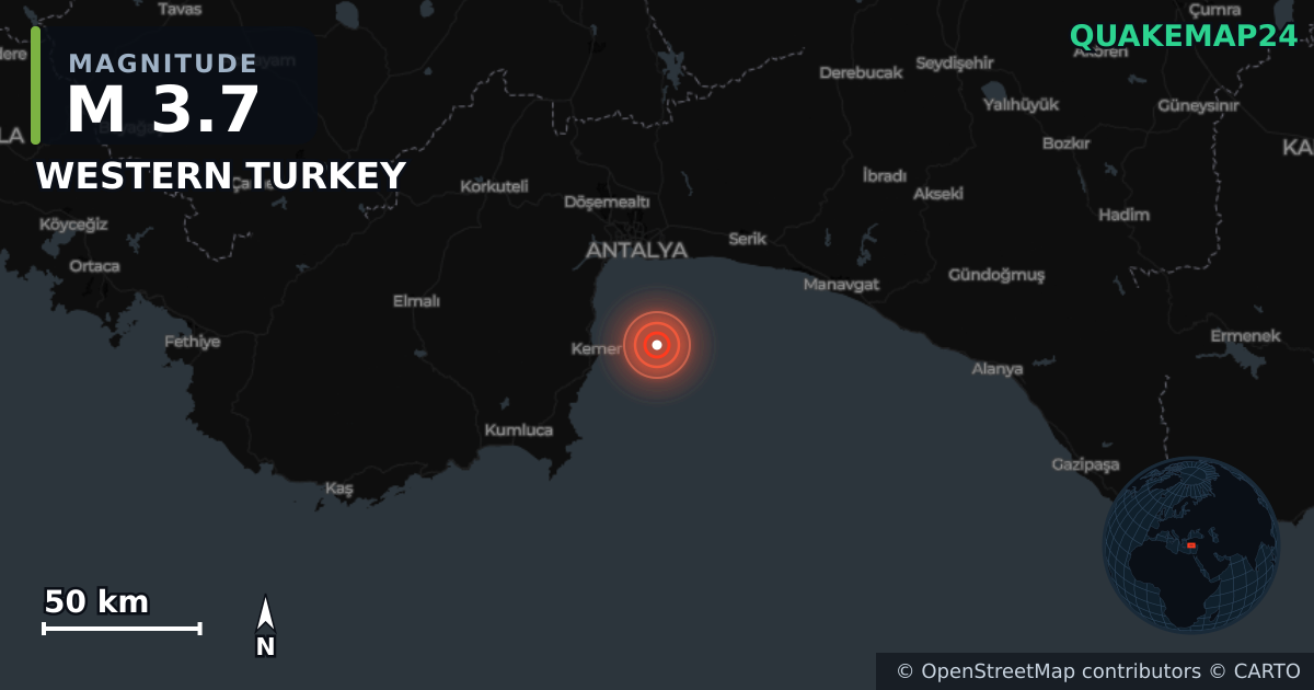 Terremoto de M3,7 cerca de WESTERN TURKEY (Turquía) · 2025-12-08 — Mapa de la ubicación del epicentro