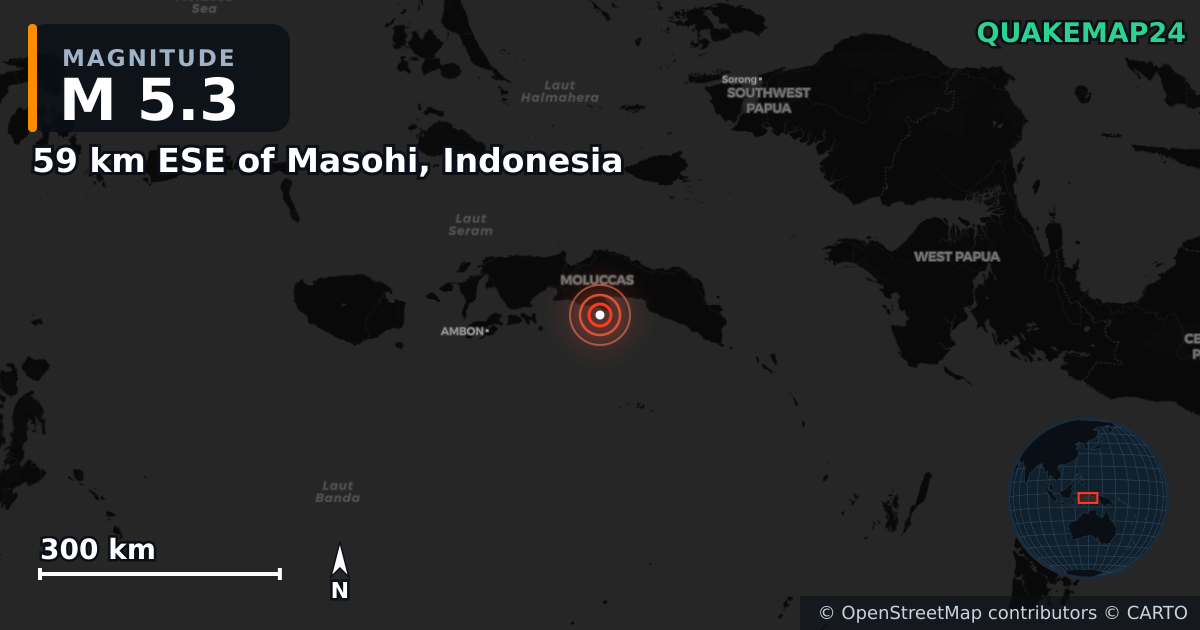 M5.3 earthquake near 59 km ESE of Masohi, Indonesia on Mar 2, 2025 — map of epicenter and shaking intensity | QuakeMap24