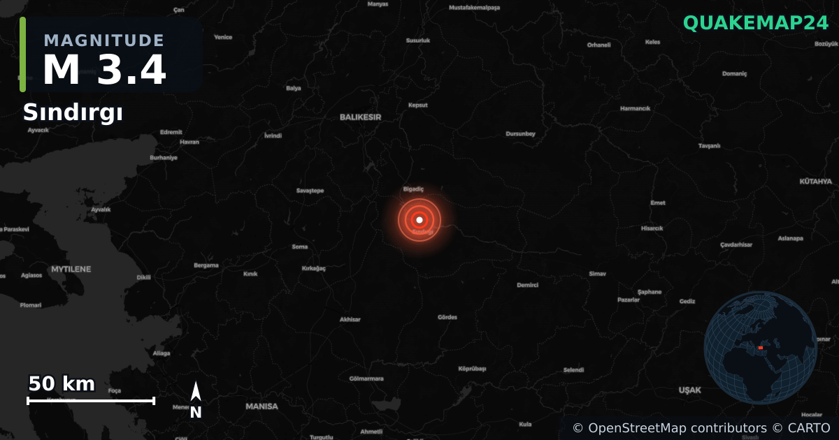 M3.4 earthquake near Sındırgı on Aug 21, 2025 — map of epicenter and shaking intensity | QuakeMap24