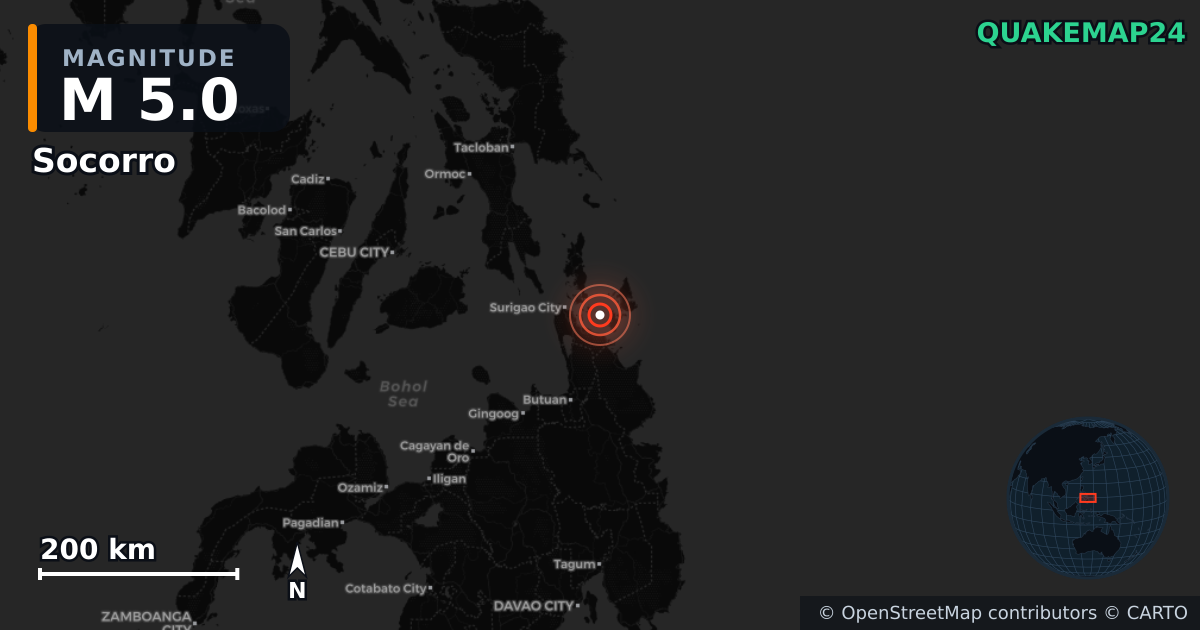 M5.0 earthquake near Socorro on Apr 17, 2026 — map of epicenter and shaking intensity | QuakeMap24