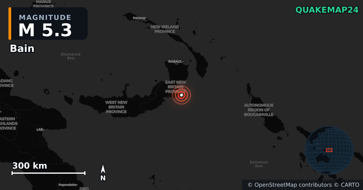 Sismo de M5,3 perto de Bain, East New Britain (Papua-Nova Guiné) · 2026-10-13 — Mapa da localização do epicentro