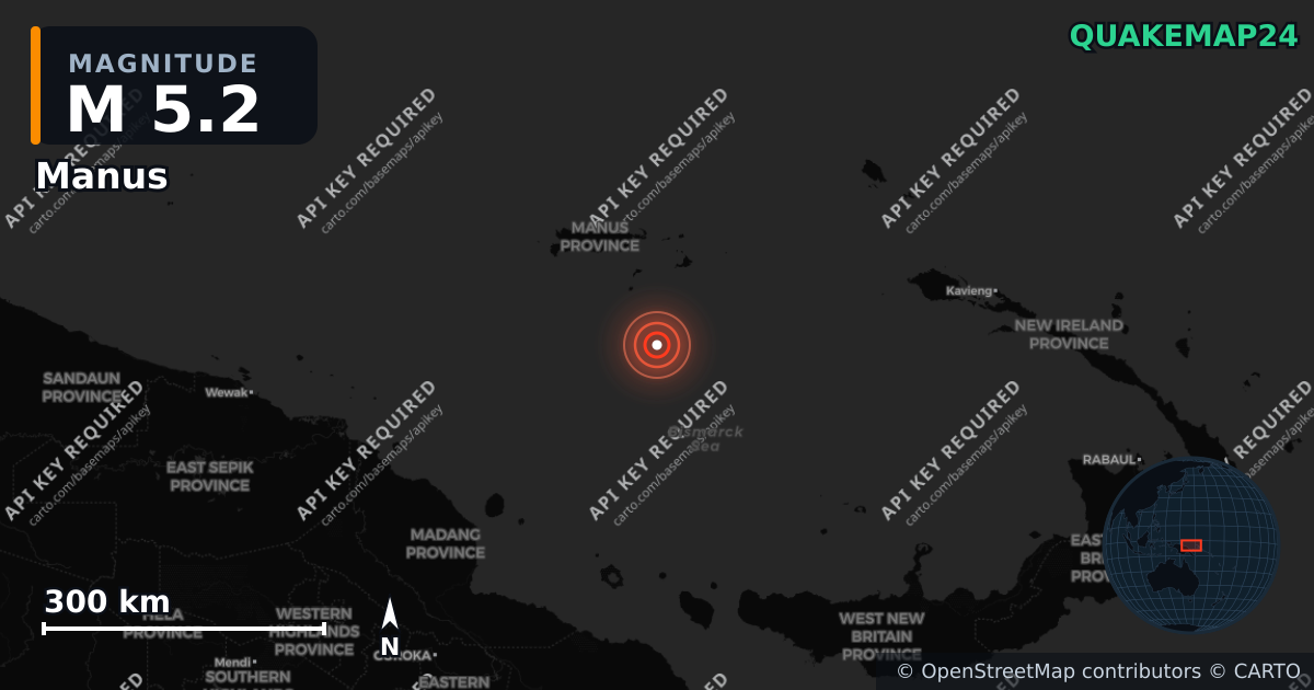 M5.2 earthquake near Manus on Jul 8, 2025 — map of epicenter and shaking intensity | QuakeMap24