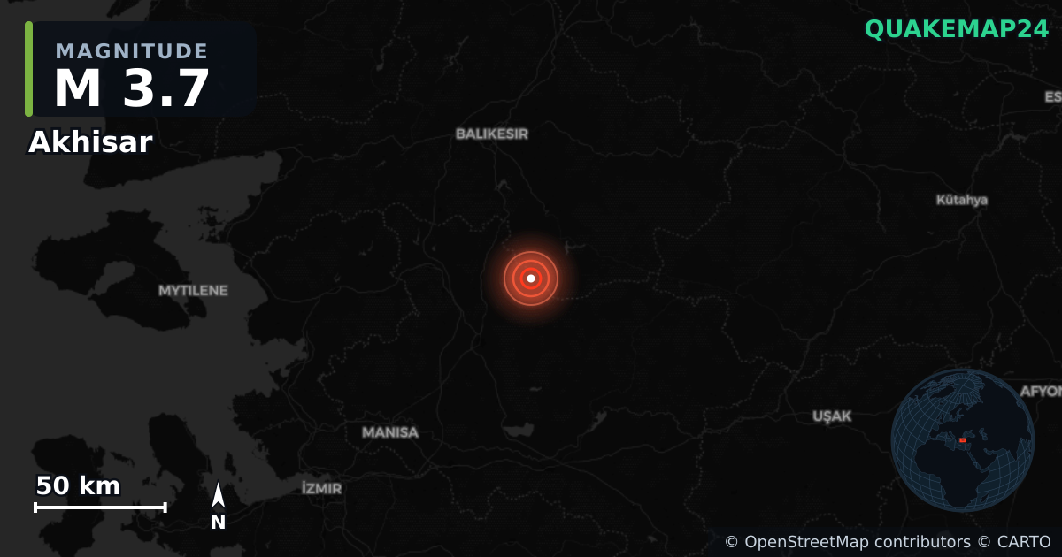 M3.7 earthquake near Akhisar on Nov 7, 2025 — map of epicenter and shaking intensity | QuakeMap24