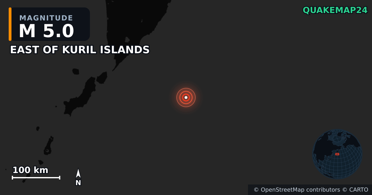 M5.0 earthquake near EAST OF KURIL ISLANDS on Jul 30, 2025 — map of epicenter and shaking intensity | QuakeMap24