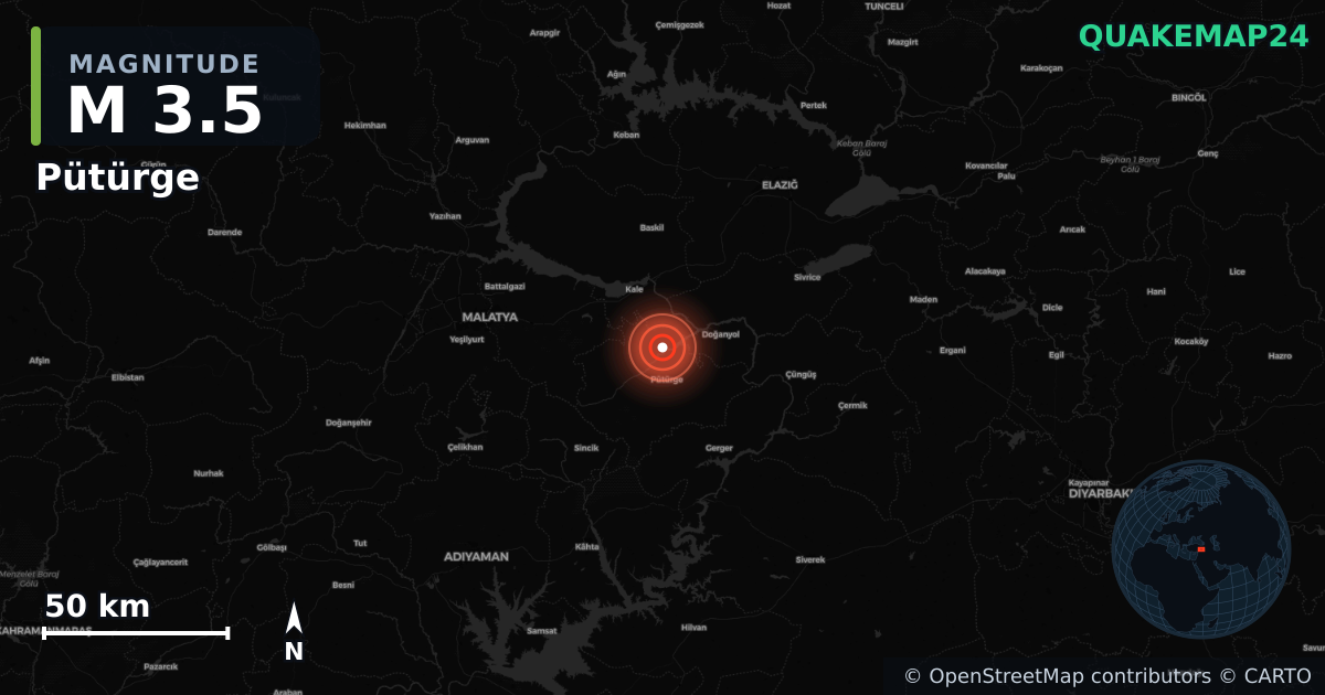 M3.5 earthquake near Pütürge on Oct 8, 2025 — map of epicenter and shaking intensity | QuakeMap24