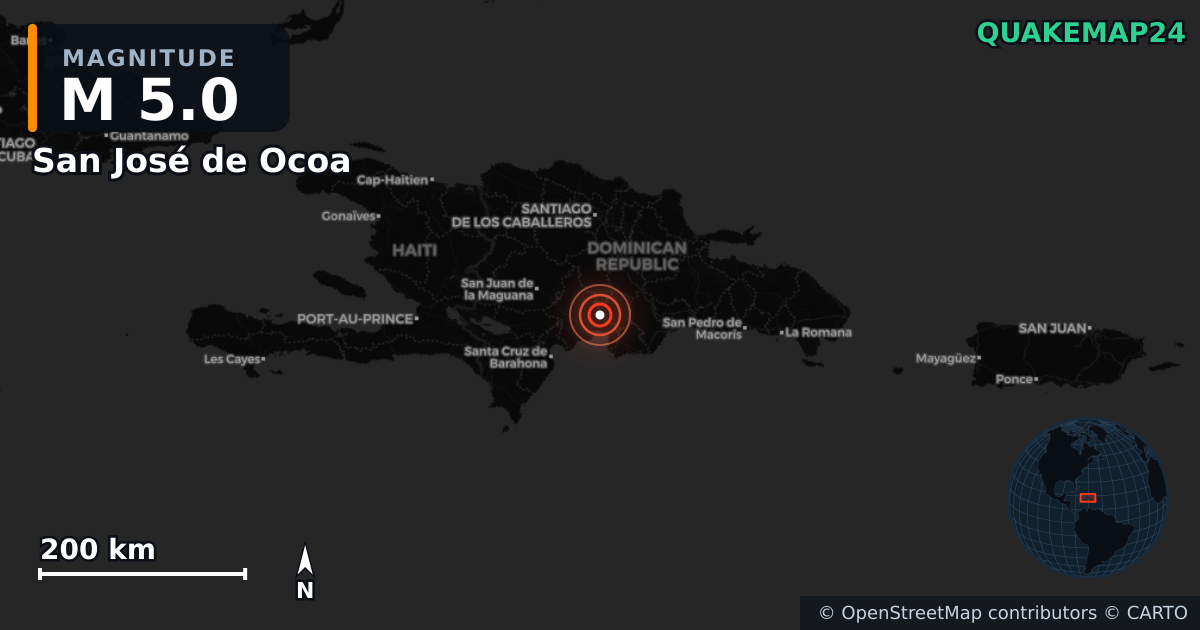 M5.0 earthquake near San José de Ocoa on Oct 20, 2025 — map of epicenter and shaking intensity | QuakeMap24