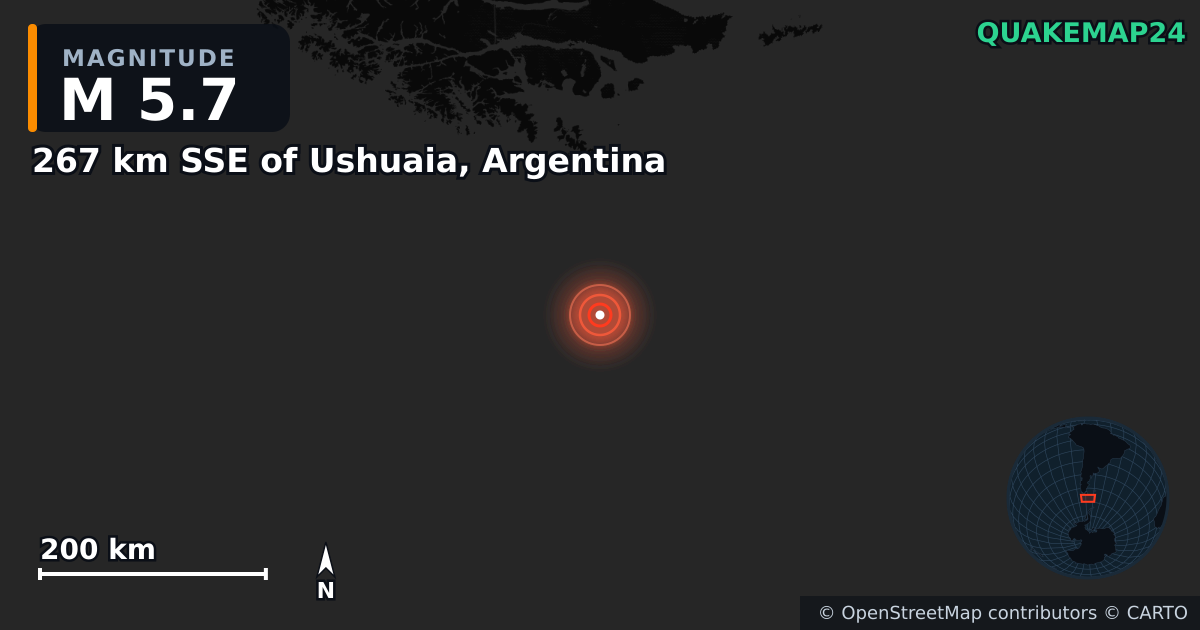 267 km SSE of Ushuaia, Argentina yakınında M5,7 deprem — Deprem merkez üssünün konumunu gösteren harita