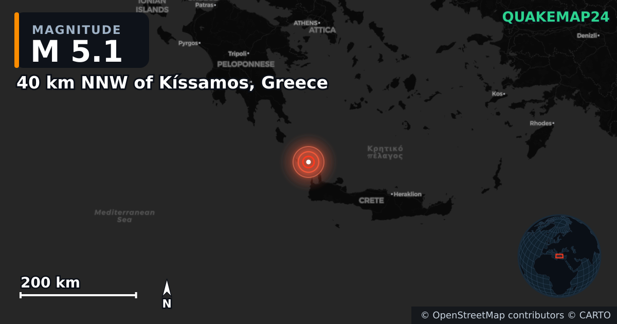 M5.1 earthquake near 40 km NNW of Kíssamos, Greece on Jul 23, 2025 — map of epicenter and shaking intensity | QuakeMap24