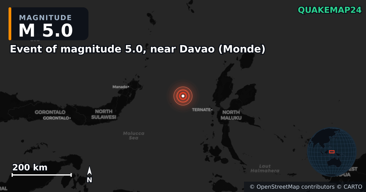 Erdbeben M5,0 bei Event of magnitude 5.0, near Davao (Monde) — Karte der Lage des Epizentrums